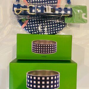 Kate spade large & small dog bowls and frisbee chew toy & gingham leash in blue